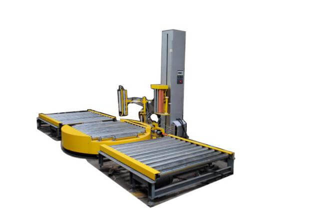 Inline pallet and skid stretch wrapper