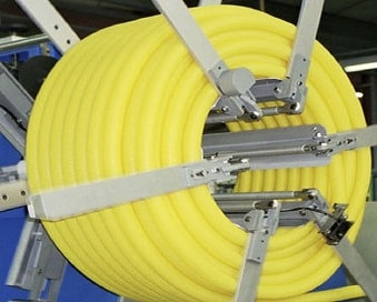 Automatic pipe coiling and strapping line
