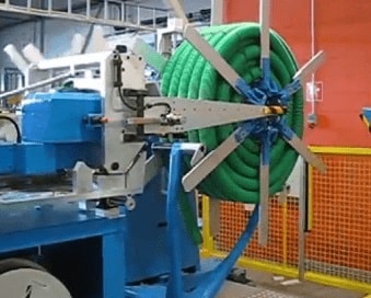 Corrugated hose coiling and strapping line
